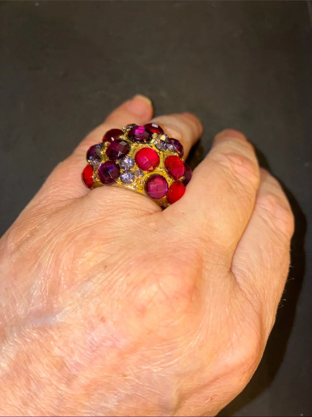 Silver Tone Red & Purple Cluster Statement Stretch Ring